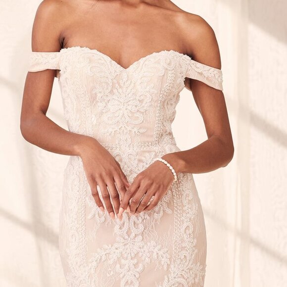 Lulus Dresses & Skirts - Promised Love White Beaded Lace Off-the-Shoulder Maxi Dress